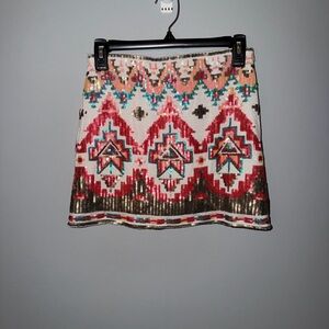 Miami Sequin Mini Skirt Geometric Aztec Festival Boho Small